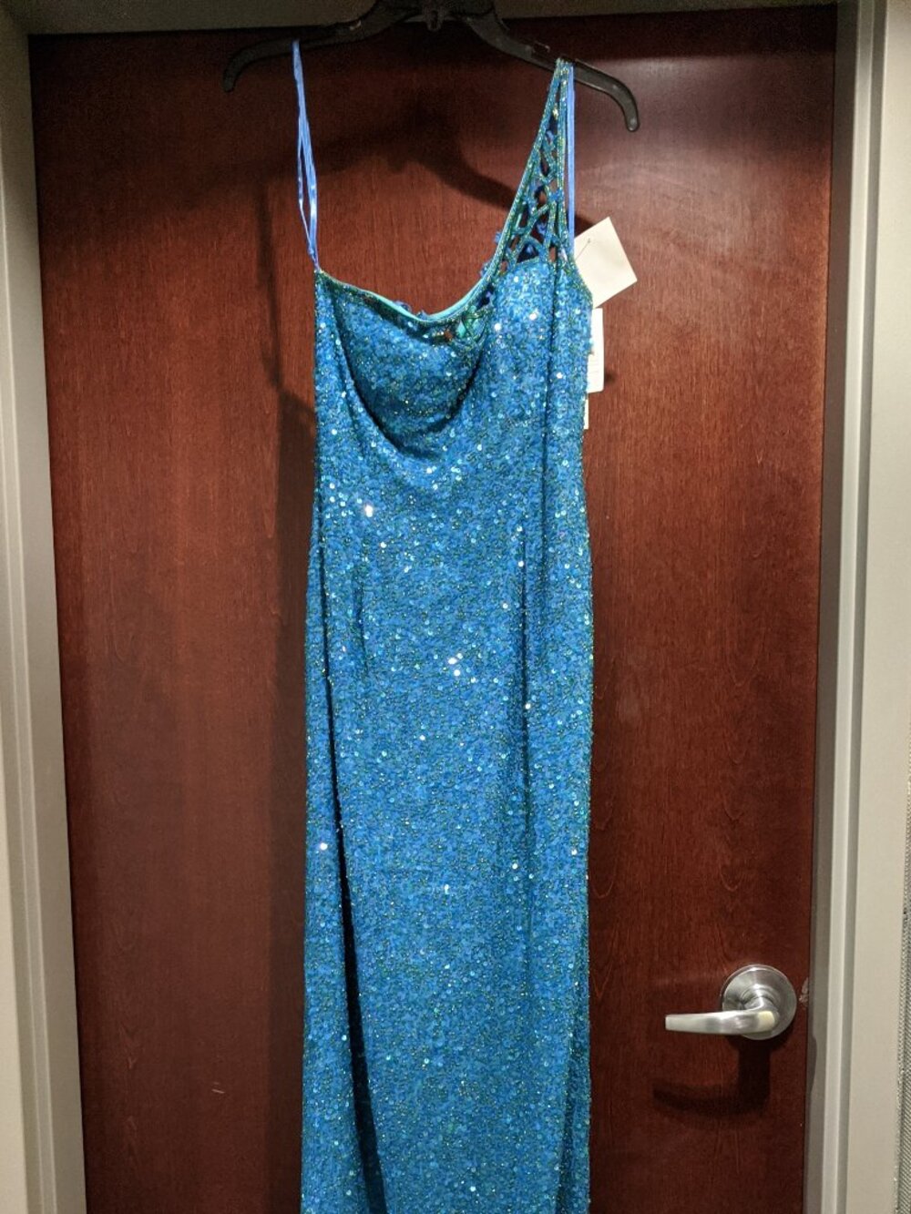 Scala 47985 Size L Dark Teal Blue 100% Silk Prom Dress